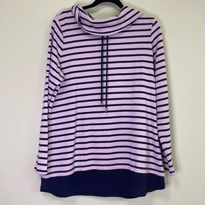 Denim & Co Activewear purple stripe long sleeve top with cowl neck layered look